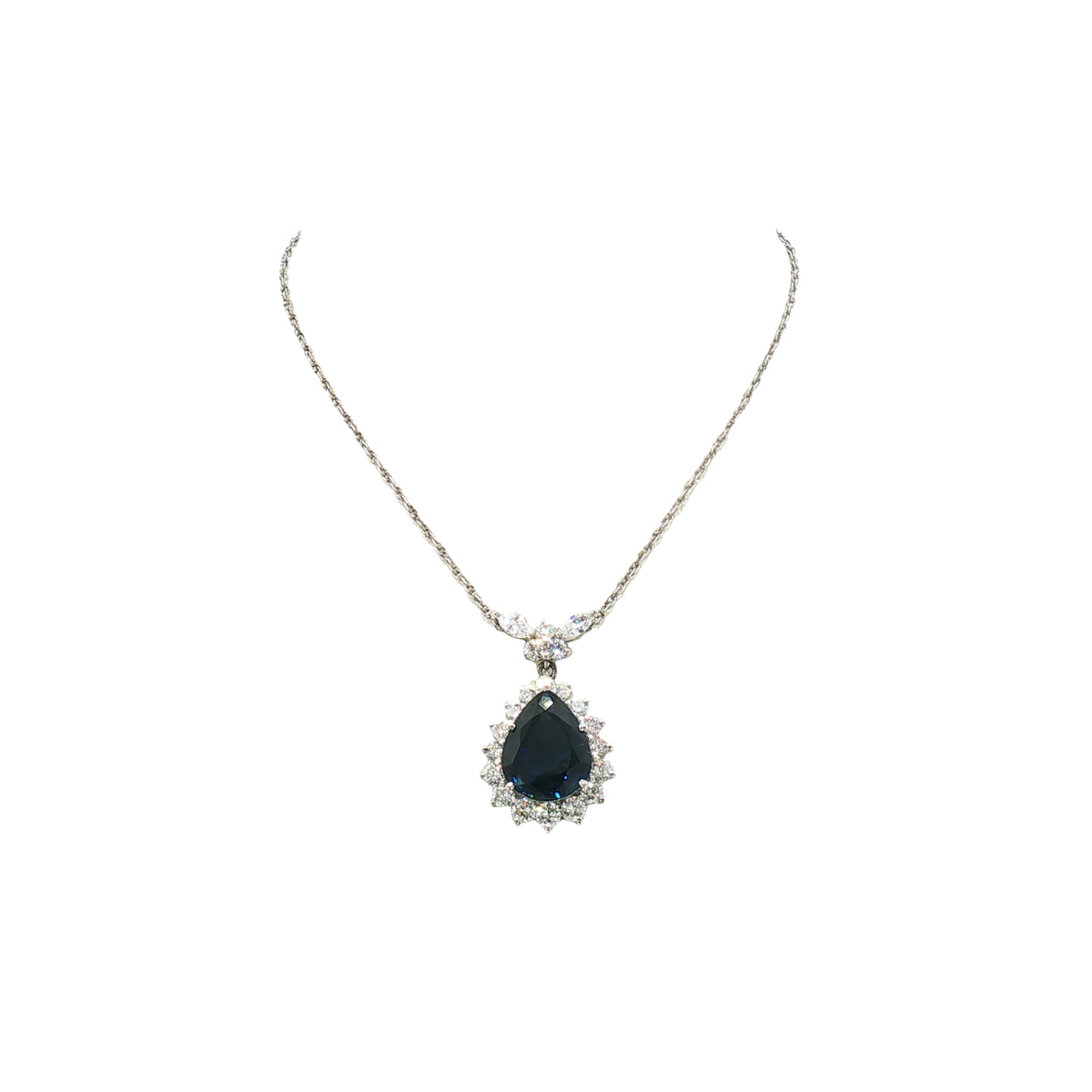 Vintage Natural Sapphire and Diamond Cluster Pear Drop Pendant in Platinum