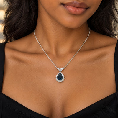 Vintage Natural Sapphire and Diamond Cluster Pear Drop Pendant in Platinum