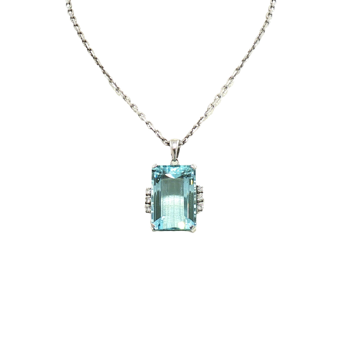 Vintage Natural Emerald Cut Aquamarine and Diamond Pendant with chain in Platinum