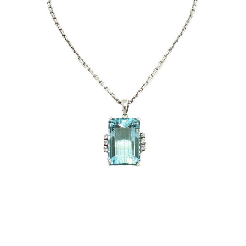 Vintage Natural Emerald Cut Aquamarine and Diamond Pendant with chain in Platinum