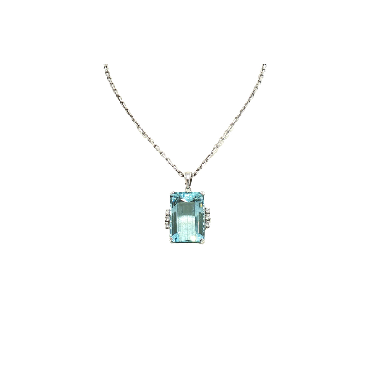 Vintage Natural Emerald Cut Aquamarine and Diamond Pendant with chain in Platinum