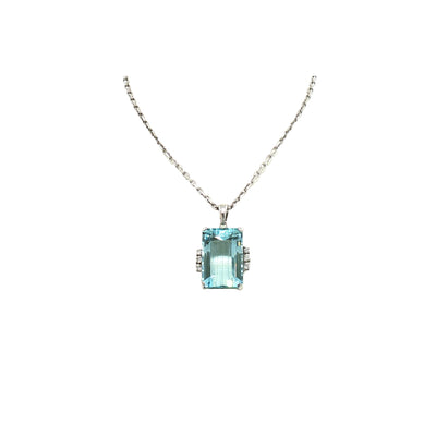Vintage Natural Emerald Cut Aquamarine and Diamond Pendant with chain in Platinum