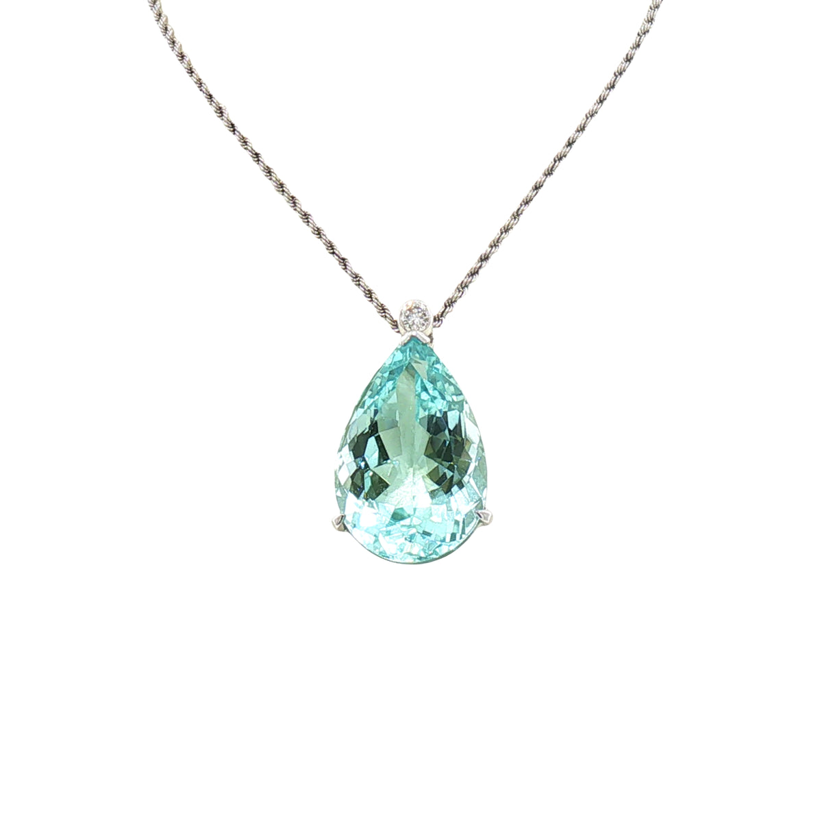 Vintage Natural Pear Shape Aquamarine and Diamond Pendant on chain in 18ct White Gold