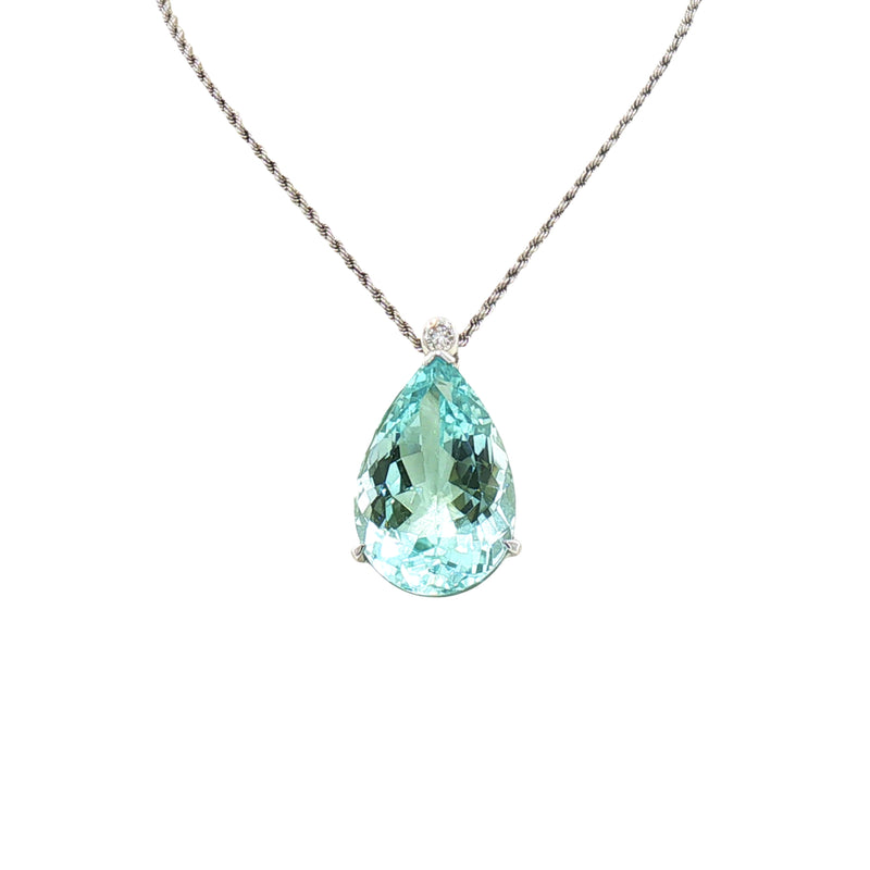 Vintage Natural Pear Shape Aquamarine and Diamond Pendant on chain in 18ct White Gold