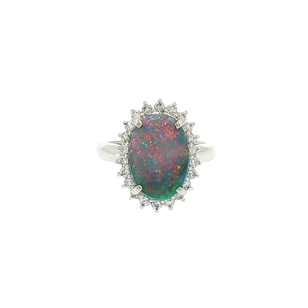 Vintage Natural Black Opal and Diamond Cluster Dress Ring in Platinum