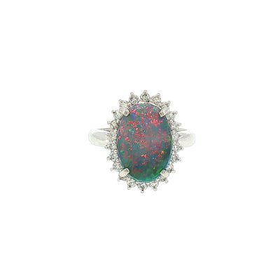 Vintage Natural Black Opal and Diamond Cluster Dress Ring in Platinum