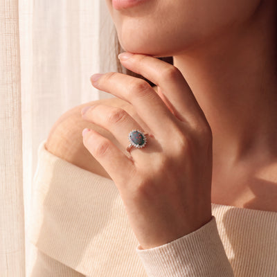 Vintage Natural Black Opal and Diamond Cluster Dress Ring in Platinum