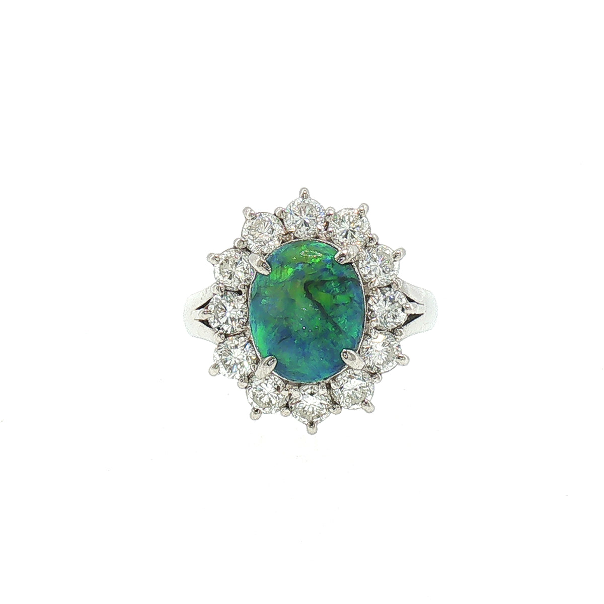 Vintage Natural Oval Black Opal and Diamond Cluster Dress Ring in Platinum