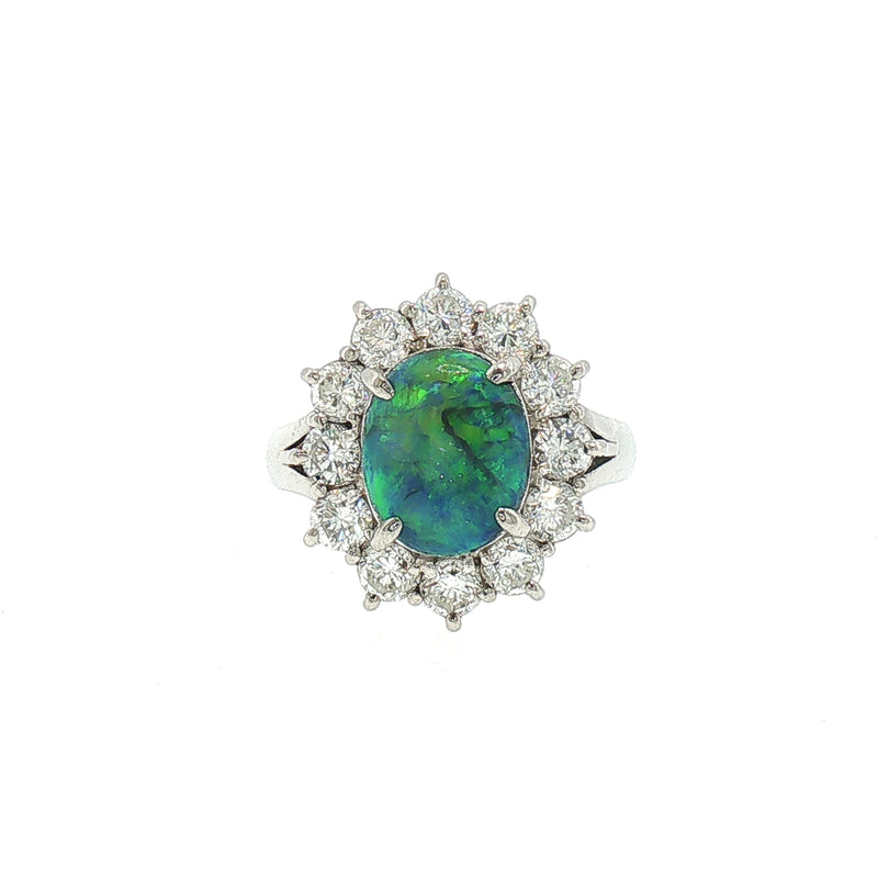 Vintage Natural Oval Black Opal and Diamond Cluster Dress Ring in Platinum