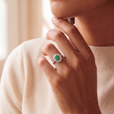 Vintage Natural Oval Black Opal and Diamond Cluster Dress Ring in Platinum