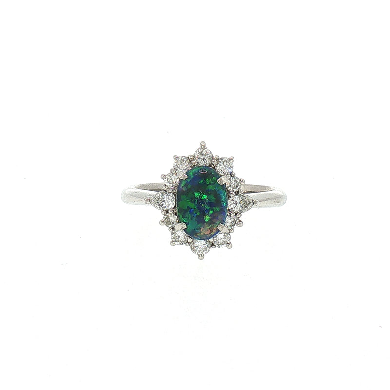 Vintage Natural Black Opal and Diamond Dress Ring in Platinum
