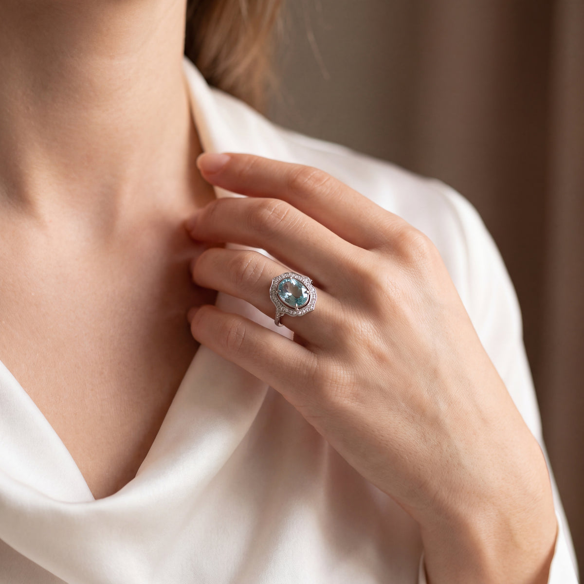 Vintage Natural Aquamarine and Diamond Halo Cluster Dress Ring in Platinum