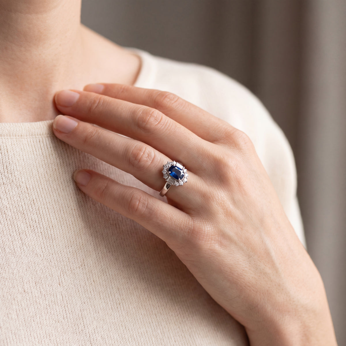 Vintage Natural Sapphire and Diamond Cluster Ring in Platinum