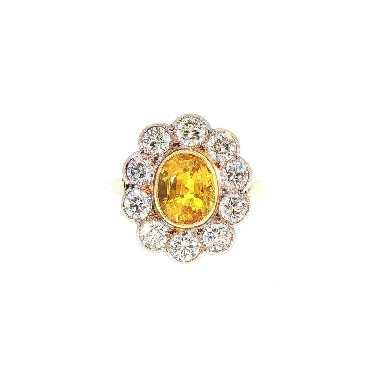 Vintage Natural Yellow Sapphire and Natural Diamond Halo Ring in 18ct Yellow Gold