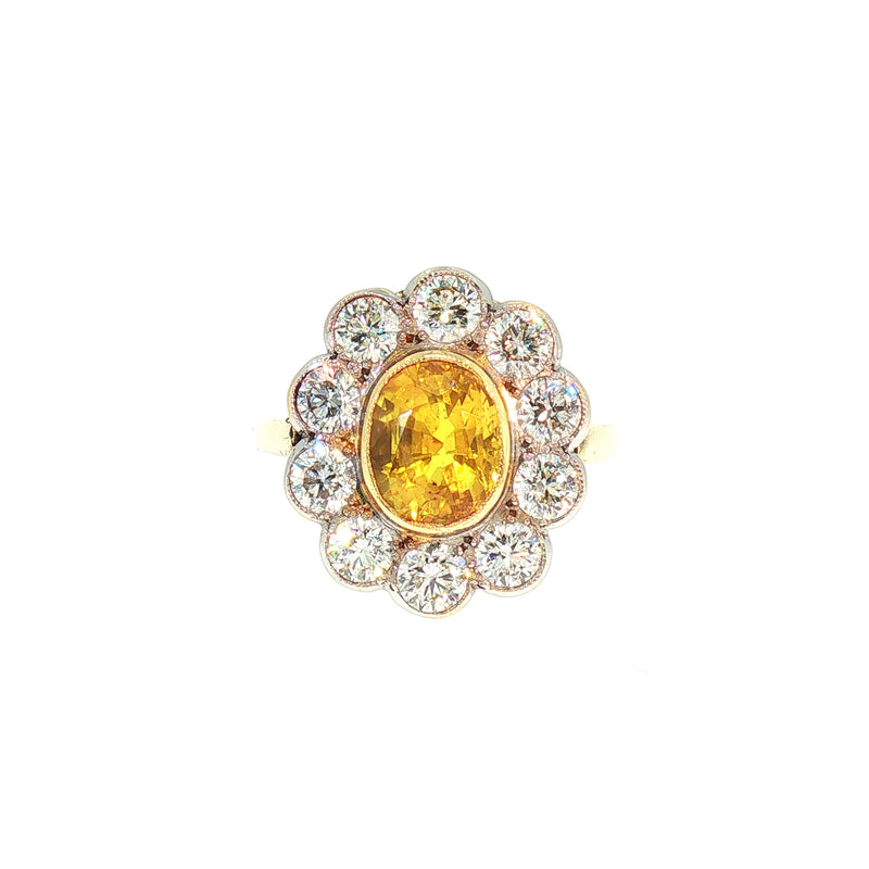 Vintage Natural Yellow Sapphire and Natural Diamond Halo Ring in 18ct Yellow Gold