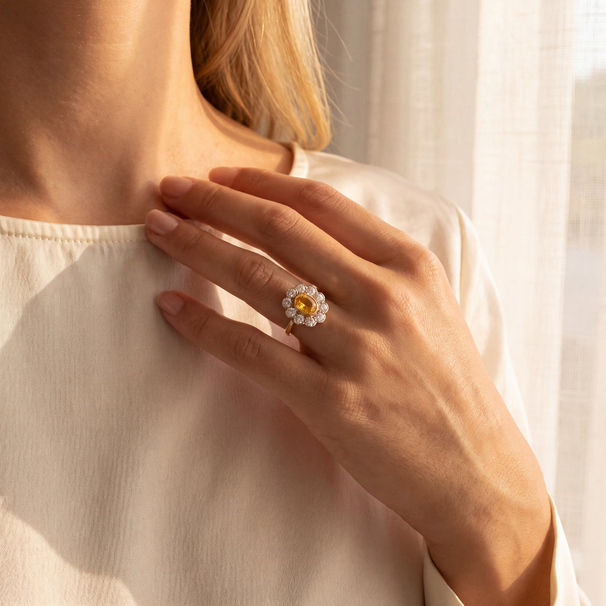 Vintage Natural Yellow Sapphire and Natural Diamond Halo Ring in 18ct Yellow Gold