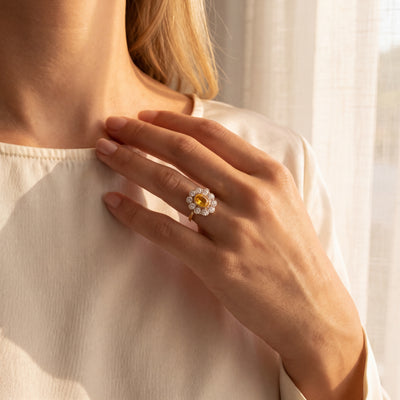 Vintage Natural Yellow Sapphire and Natural Diamond Halo Ring in 18ct Yellow Gold