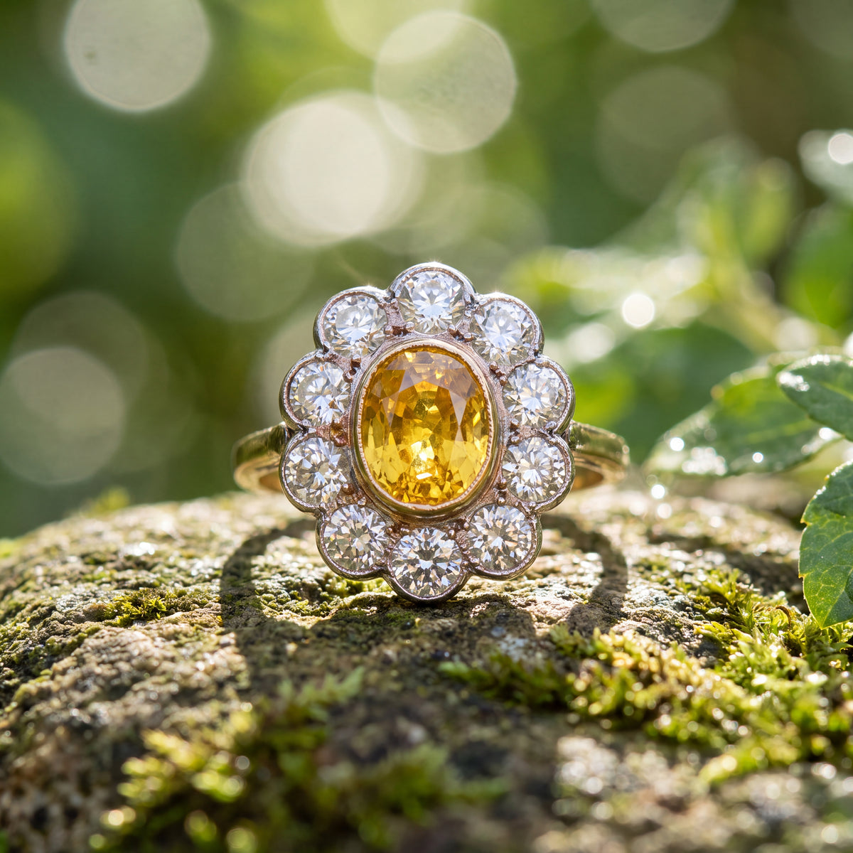 Vintage Natural Yellow Sapphire and Natural Diamond Halo Ring in 18ct Yellow Gold