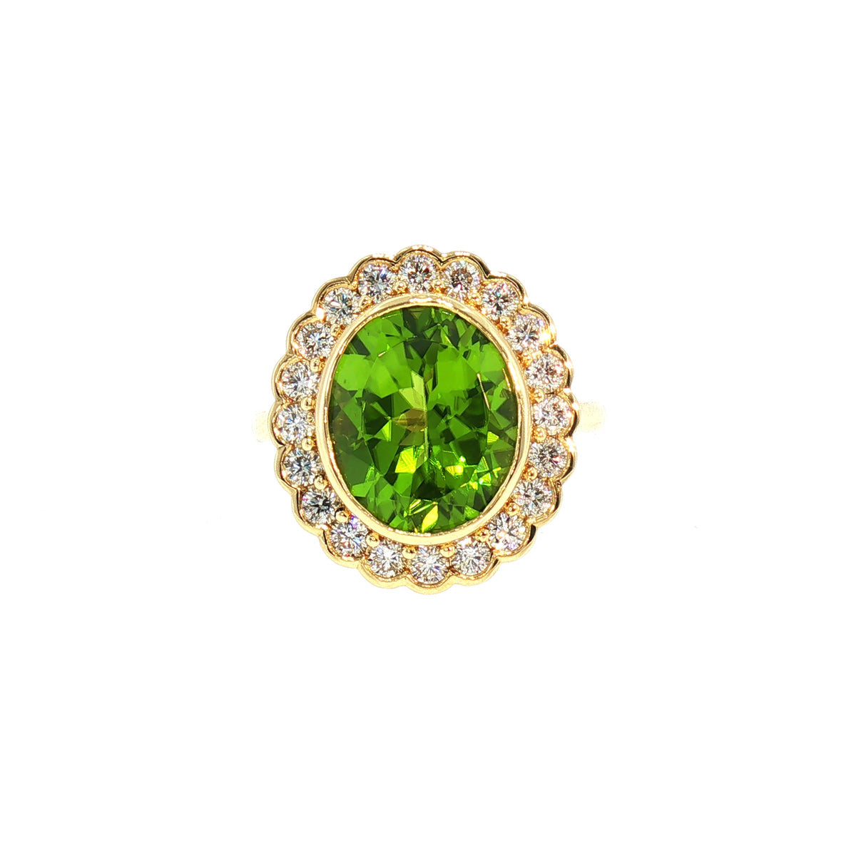 Vintage Natural Oval Peridot and Natural Diamond Halo Dress Ring in 18ct Yellow Gold
