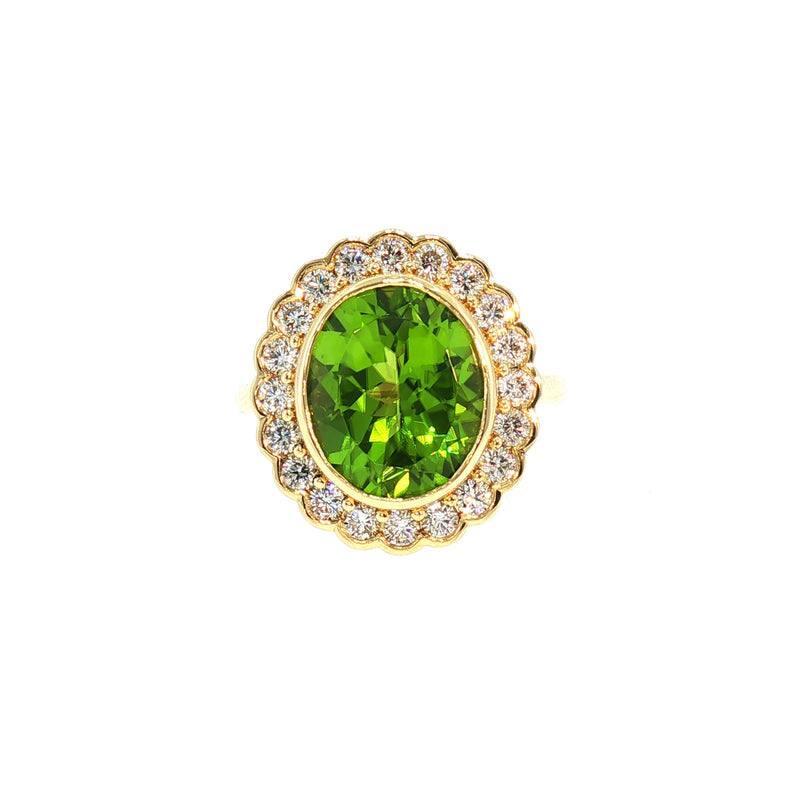 Vintage Natural Oval Peridot and Natural Diamond Halo Dress Ring in 18ct Yellow Gold