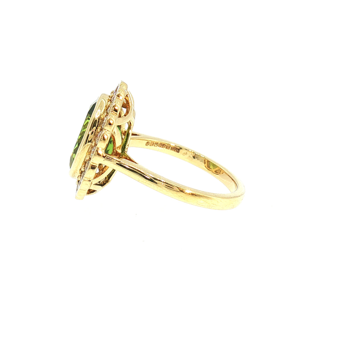 Vintage Natural Oval Peridot and Natural Diamond Halo Dress Ring in 18ct Yellow Gold