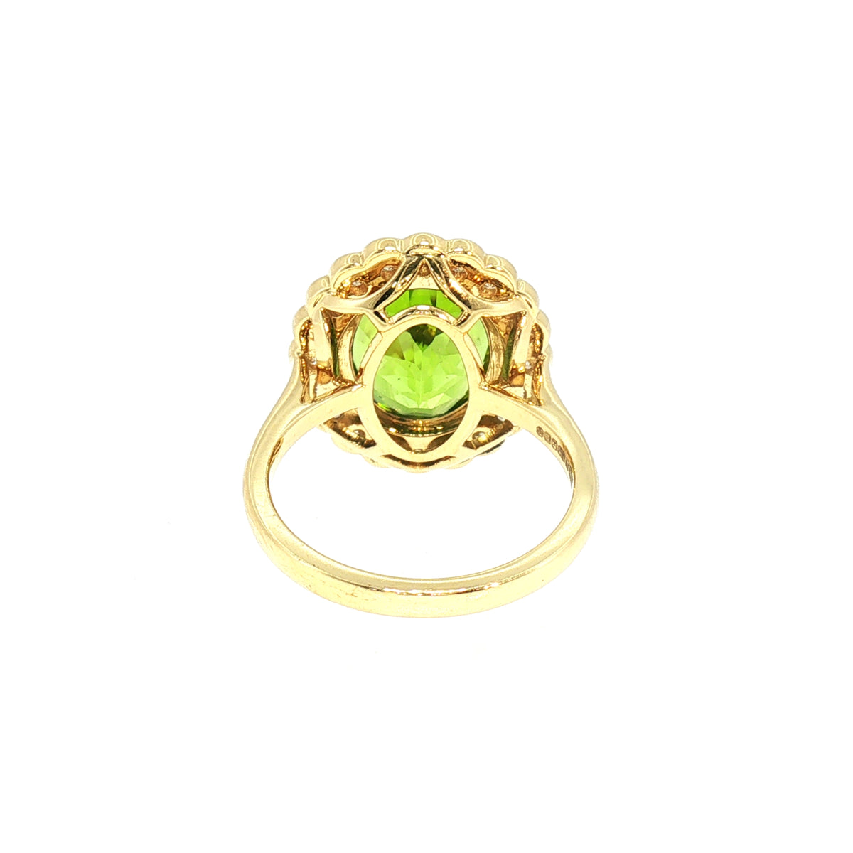 Vintage Natural Oval Peridot and Natural Diamond Halo Dress Ring in 18ct Yellow Gold