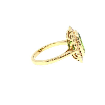 Vintage Natural Oval Peridot and Natural Diamond Halo Dress Ring in 18ct Yellow Gold