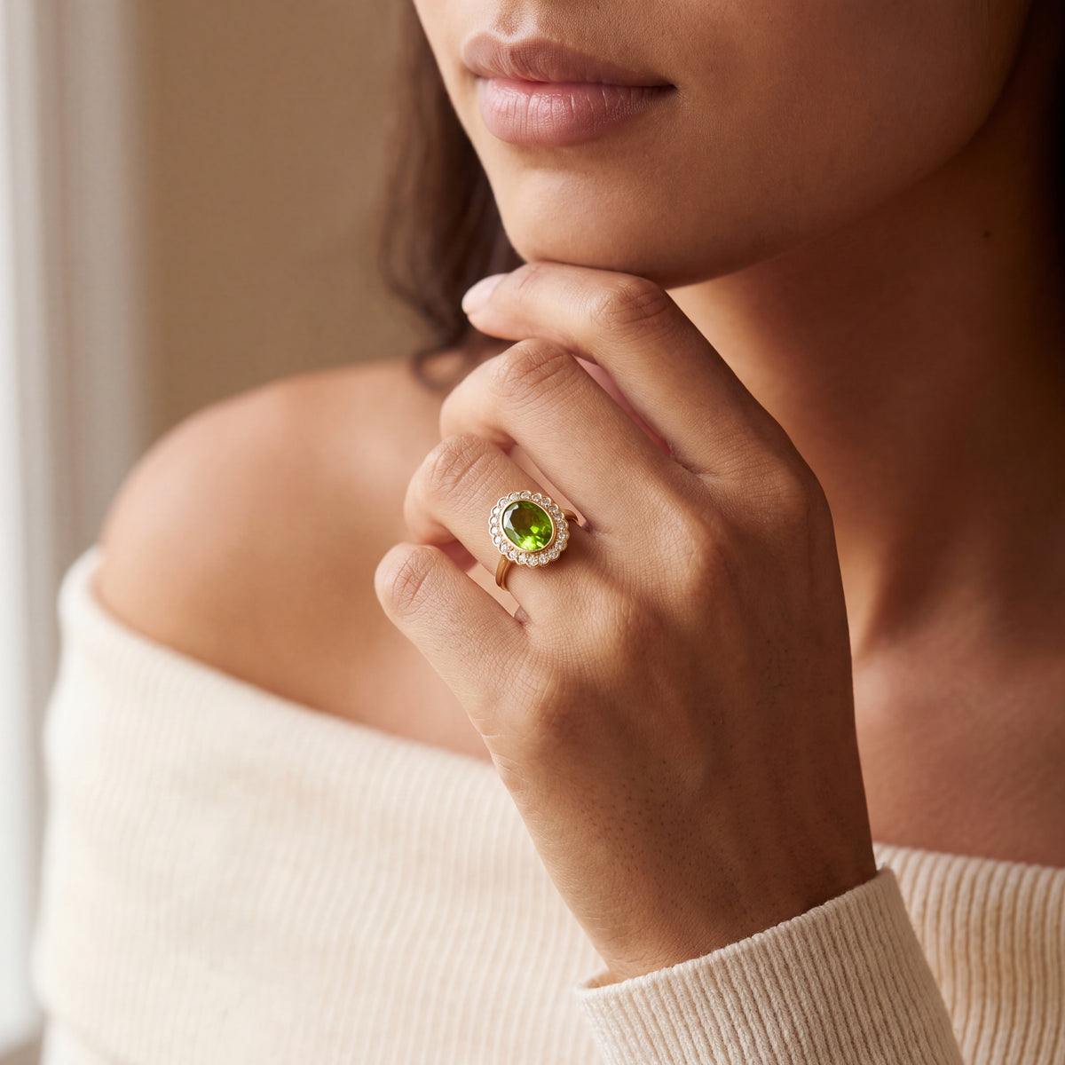 Vintage Natural Oval Peridot and Natural Diamond Halo Dress Ring in 18ct Yellow Gold