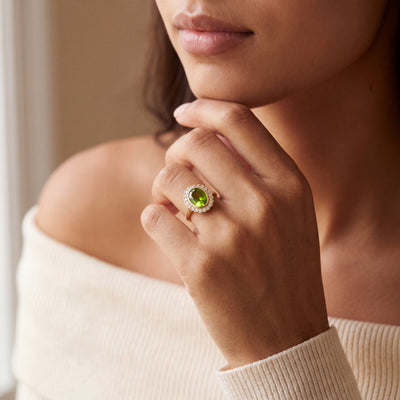 Vintage Natural Oval Peridot and Natural Diamond Halo Dress Ring in 18ct Yellow Gold