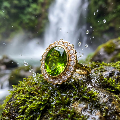 Vintage Natural Oval Peridot and Natural Diamond Halo Dress Ring in 18ct Yellow Gold