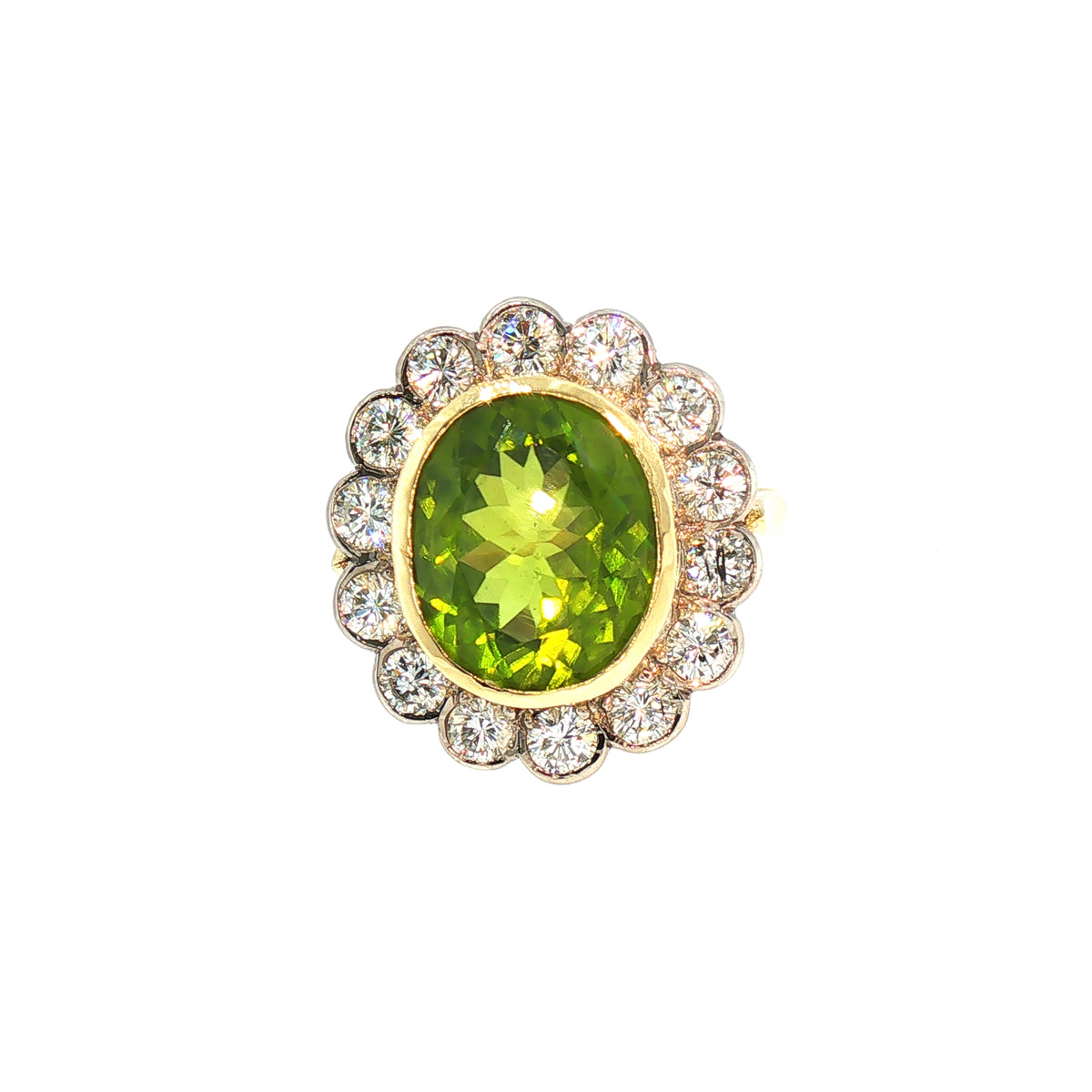 Vintage Oval Peridot And Natural Diamond Dress Ring in 18ct Yellow Gold
