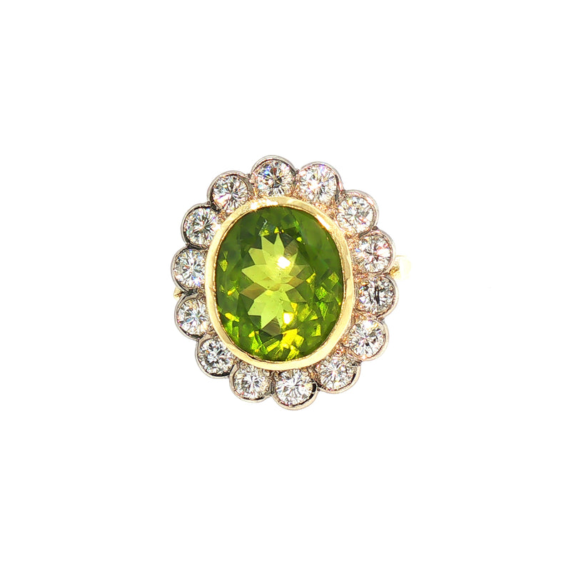 Vintage Oval Peridot And Natural Diamond Dress Ring in 18ct Yellow Gold