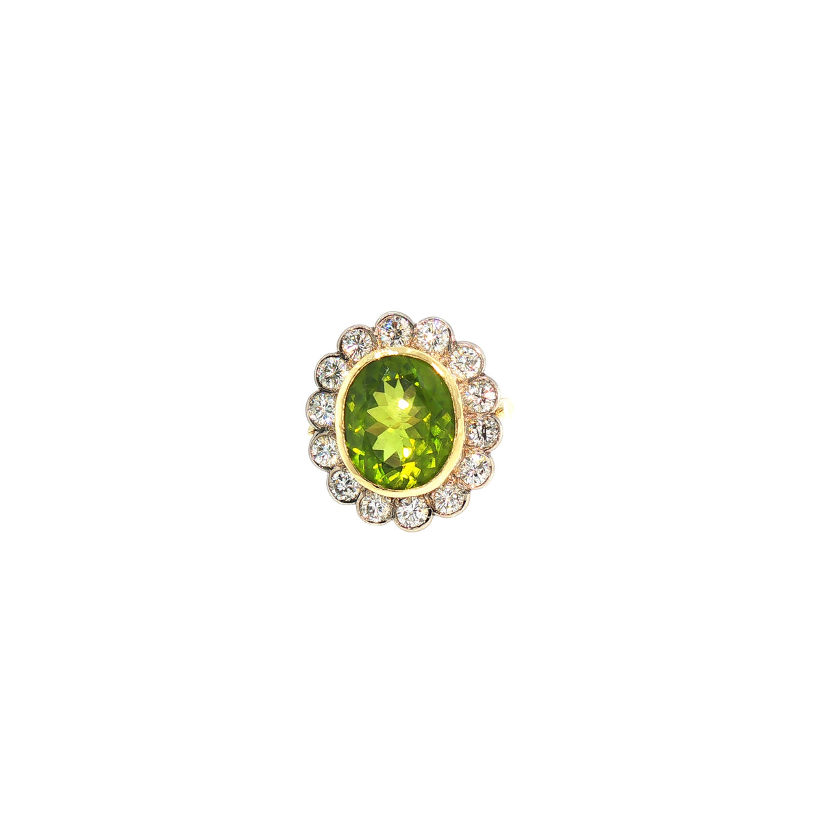 Vintage Oval Peridot And Natural Diamond Dress Ring in 18ct Yellow Gold