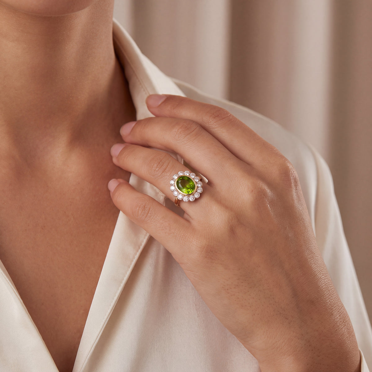 Vintage Oval Peridot And Natural Diamond Dress Ring in 18ct Yellow Gold