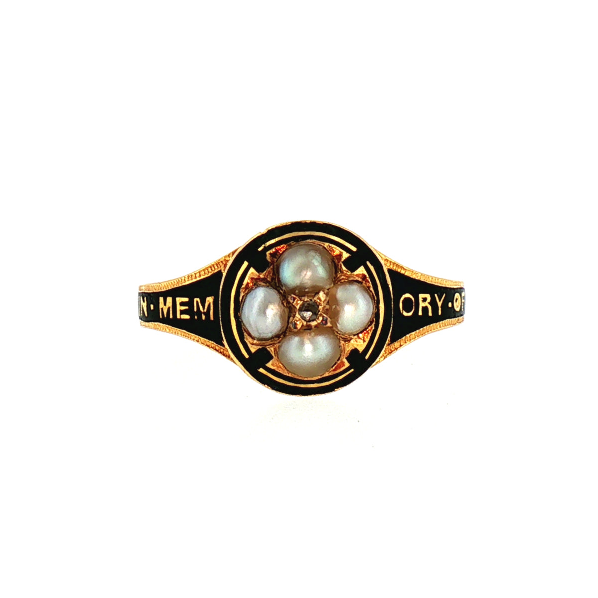 Black Enamel 1865 Pearl and Diamond Mourning Ring in 18ct Yellow Gold
