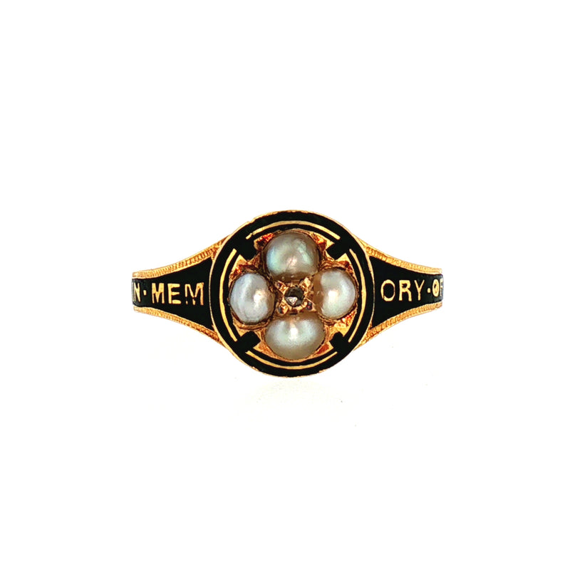 Black Enamel 1865 Pearl and Diamond Mourning Ring in 18ct Yellow Gold
