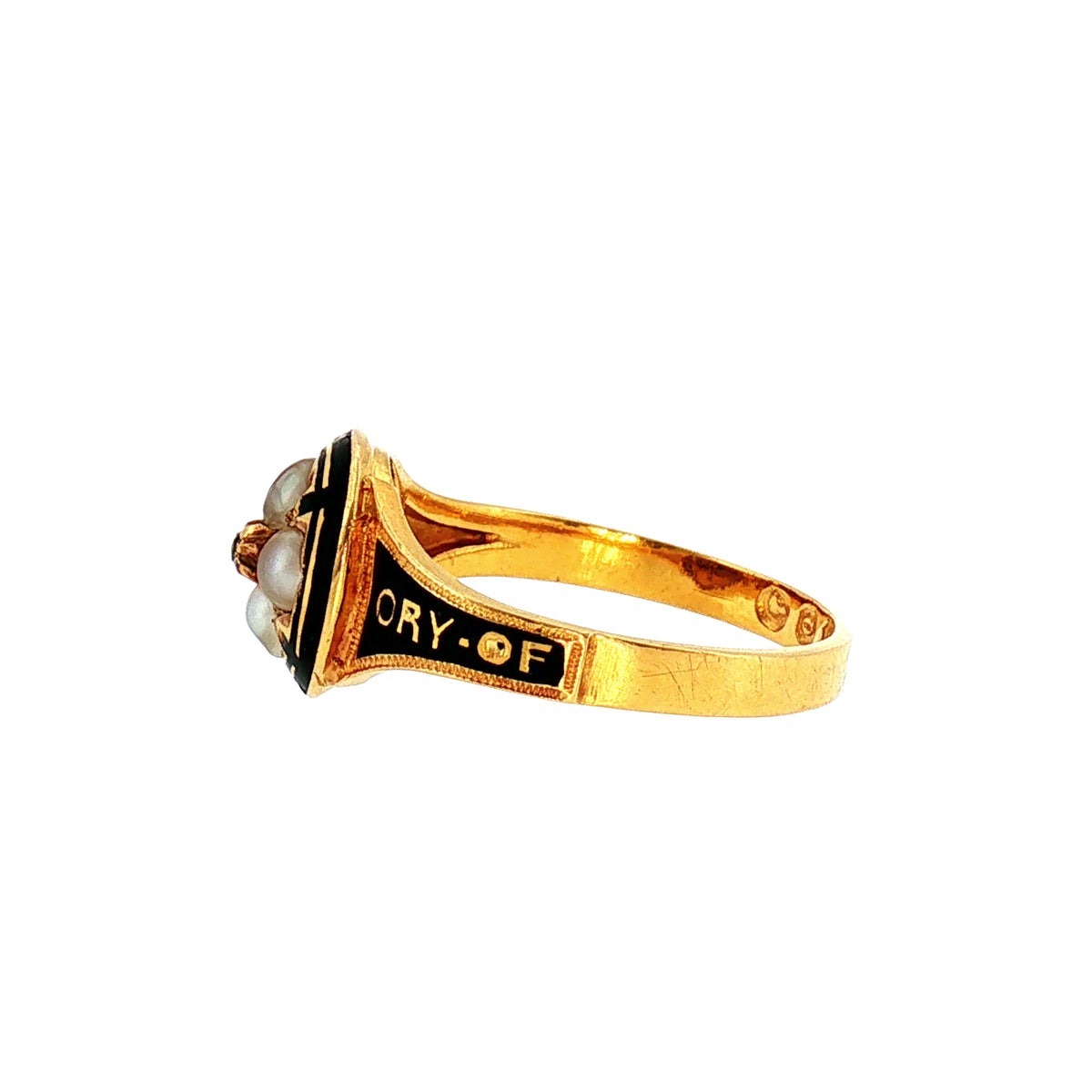 Black Enamel 1865 Pearl and Diamond Mourning Ring in 18ct Yellow Gold