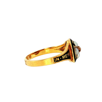 Black Enamel 1865 Pearl and Diamond Mourning Ring in 18ct Yellow Gold