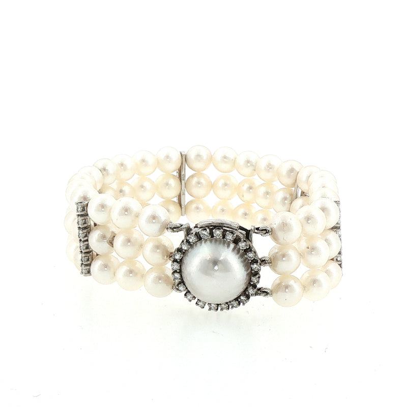 6.5-7mm Triple Row Pearl Bracelet With Diamond Set Spacers