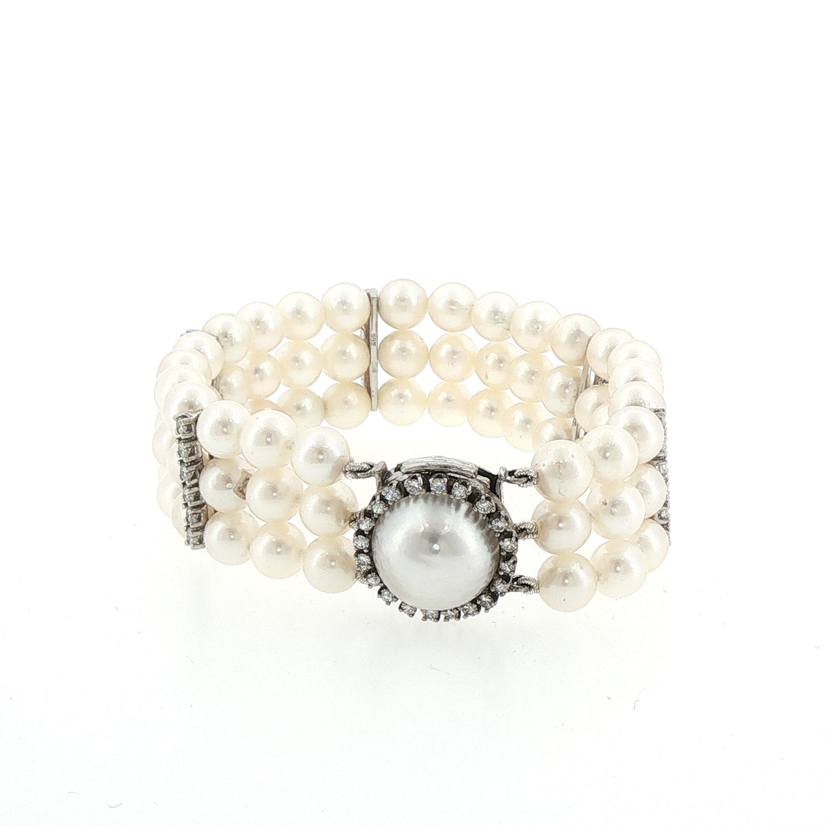 6.5-7mm Triple Row Pearl Bracelet With Diamond Set Spacers