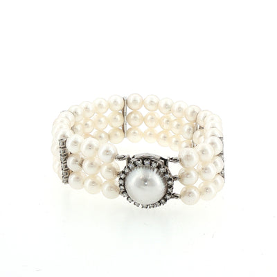 6.5-7mm Triple Row Pearl Bracelet With Diamond Set Spacers