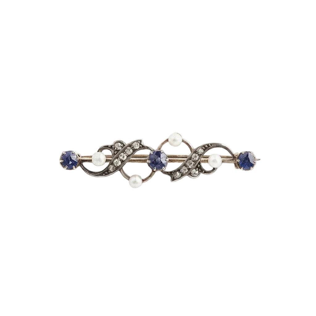 Antique 15ct White & Rose Gold Natural Sapphire & Diamond Pearl Brooch