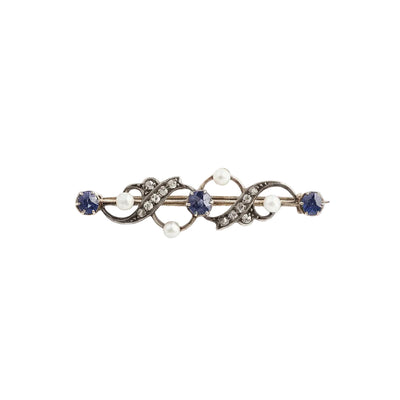 Antique Natural Sapphire & Diamond Pearl Brooch in 15ct White and Rose Gold