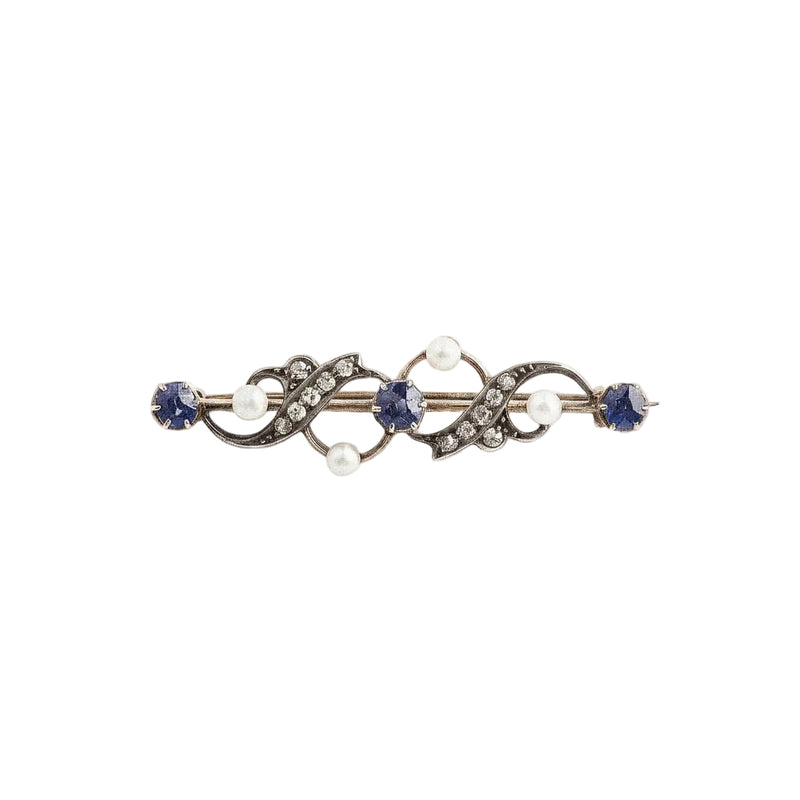 Antique 15ct White & Rose Gold Natural Sapphire & Diamond Pearl Brooch