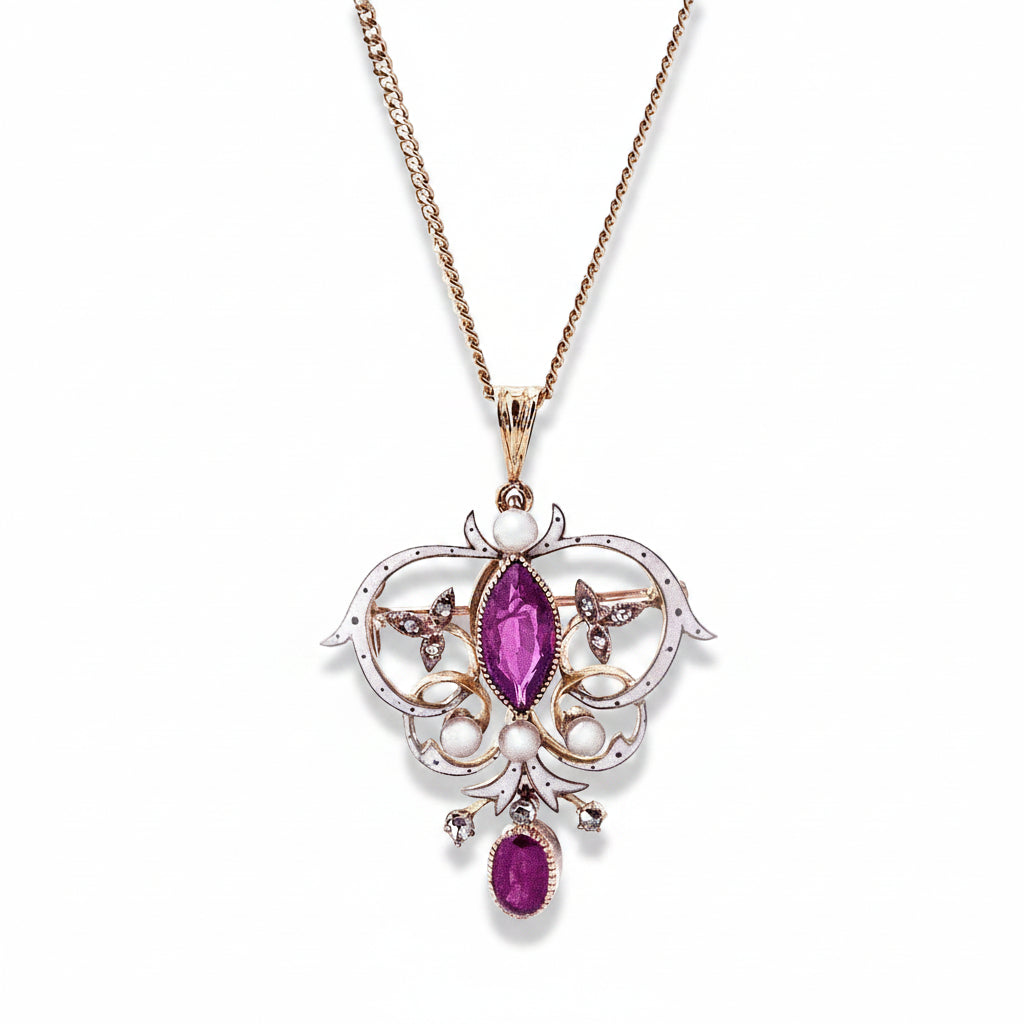 Antique Art Nouveau Ruby, Seed Pearl & Natural Diamond Enamel Pendant in 18ct Yellow Gold