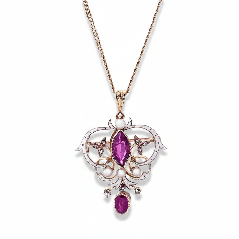Antique Art Nouveau Ruby, Seed Pearl & Natural Diamond Enamel Pendant in 18ct Yellow Gold