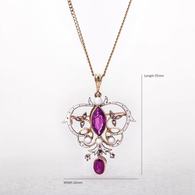 Antique Art Nouveau Ruby, Seed Pearl & Natural Diamond Enamel Pendant in 18ct Yellow Gold