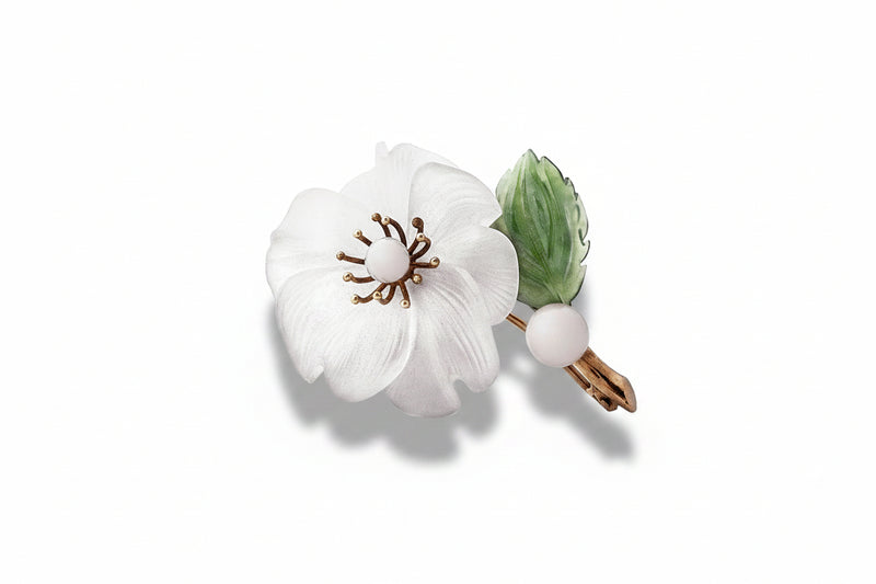 Antique Austrian Jade & Rock Crystal Pearl Flower Brooch
