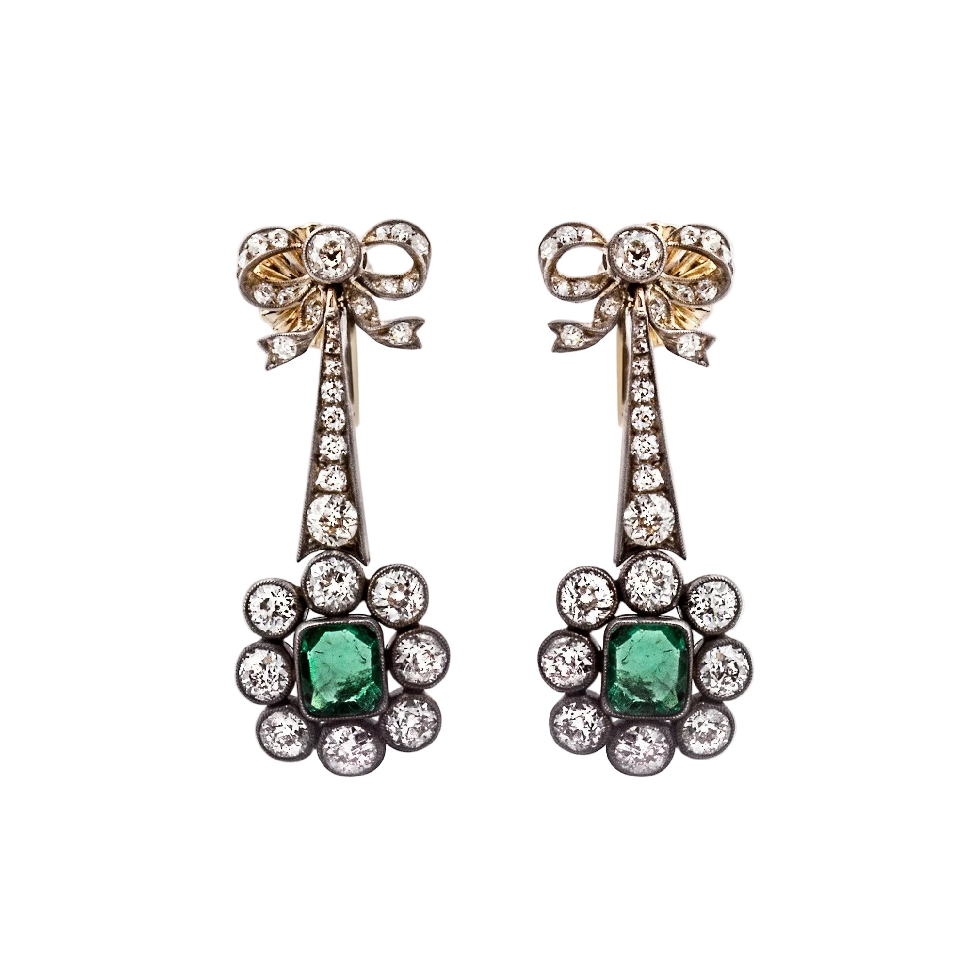 Antique Emerald and Diamond Fancy Bow Earrings