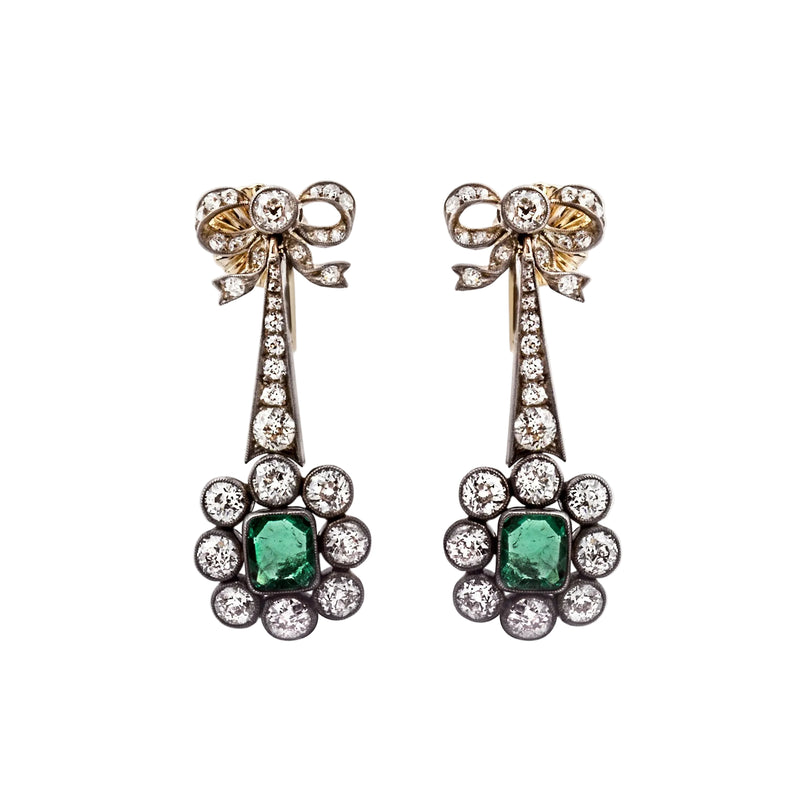 Antique Emerald and Diamond Fancy Bow Earrings
